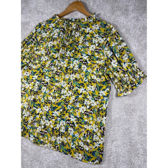 Anthropologie Floral Print Ruffle Neck Top BOHO L Yellow Short Sleeve Cottage - Picture 11 of 11